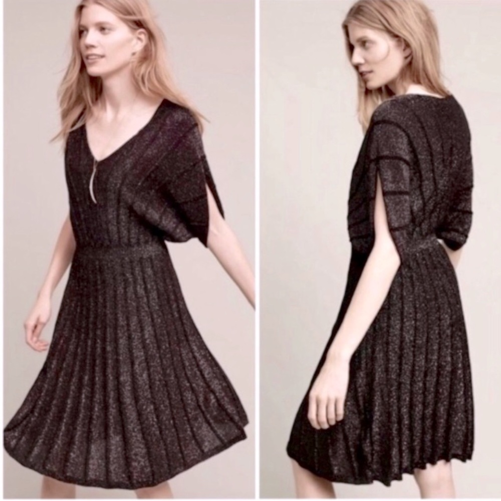 NWOT Anthropologie Knit Black and Gold Pleated Dress by Knitted and Knotted.